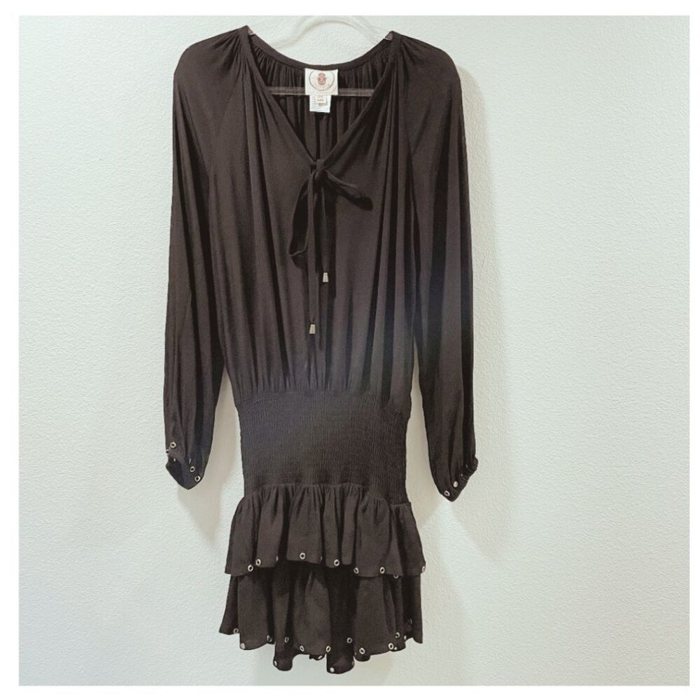 MUCHE et MUCHETTE Joker Grommet Trim Black Shirred Drop Waist Mini Dress OS